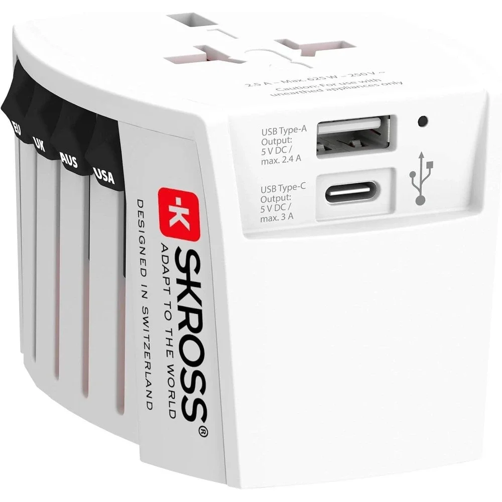SKROSS Universal Travel Plug with USB and USB C, 1.302962, White Type G (UK)